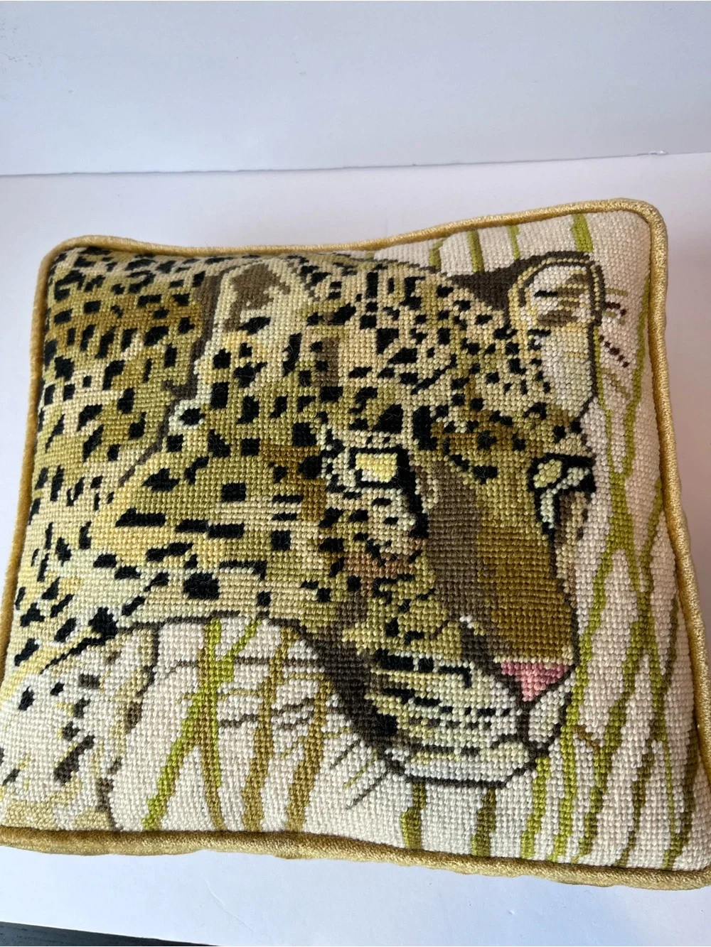 Vintage Needlepoint Leopard Jaguar Accent Pillow 70’s